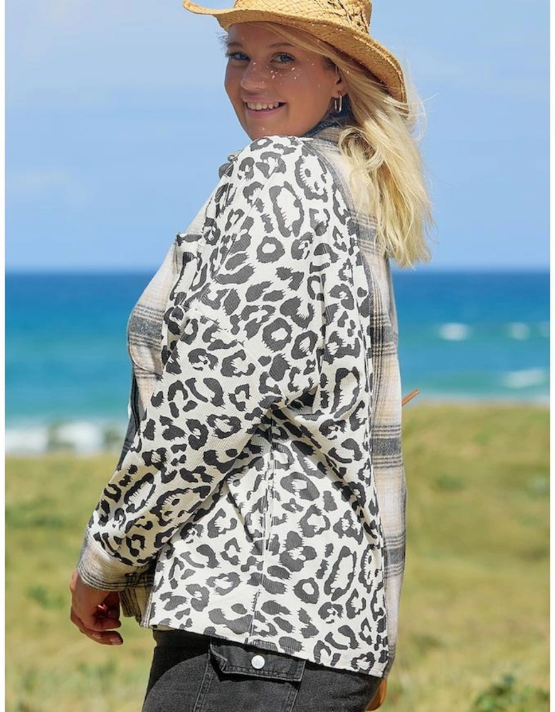Black Plus Size Plaid Leopard Printed Patchwork Button Up Shacket