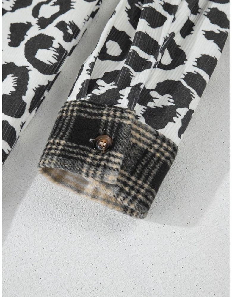 Black Plus Size Plaid Leopard Printed Patchwork Button Up Shacket