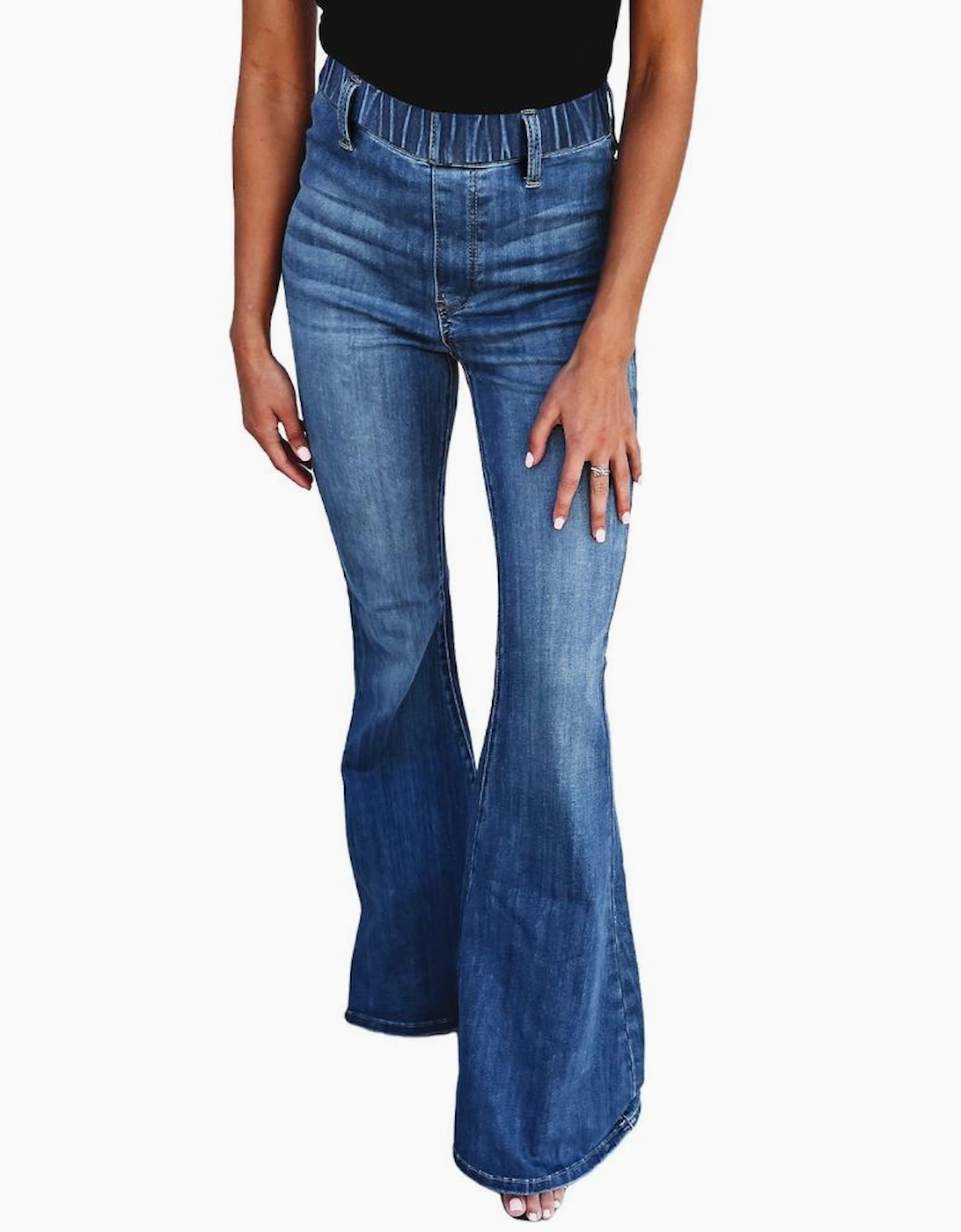 Blue Elastic High Waist Flare Jeans