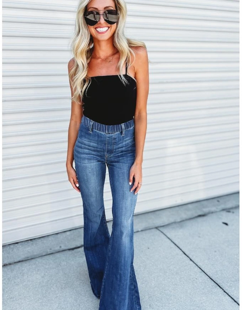 Blue Elastic High Waist Flare Jeans