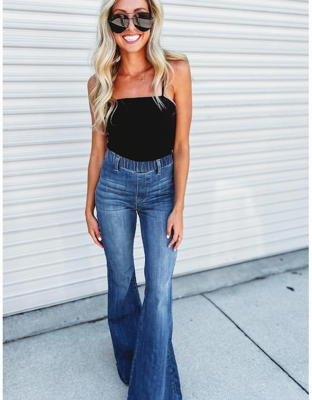 Blue Elastic High Waist Flare Jeans