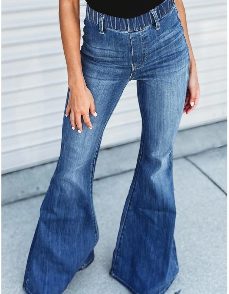 Blue Elastic High Waist Flare Jeans