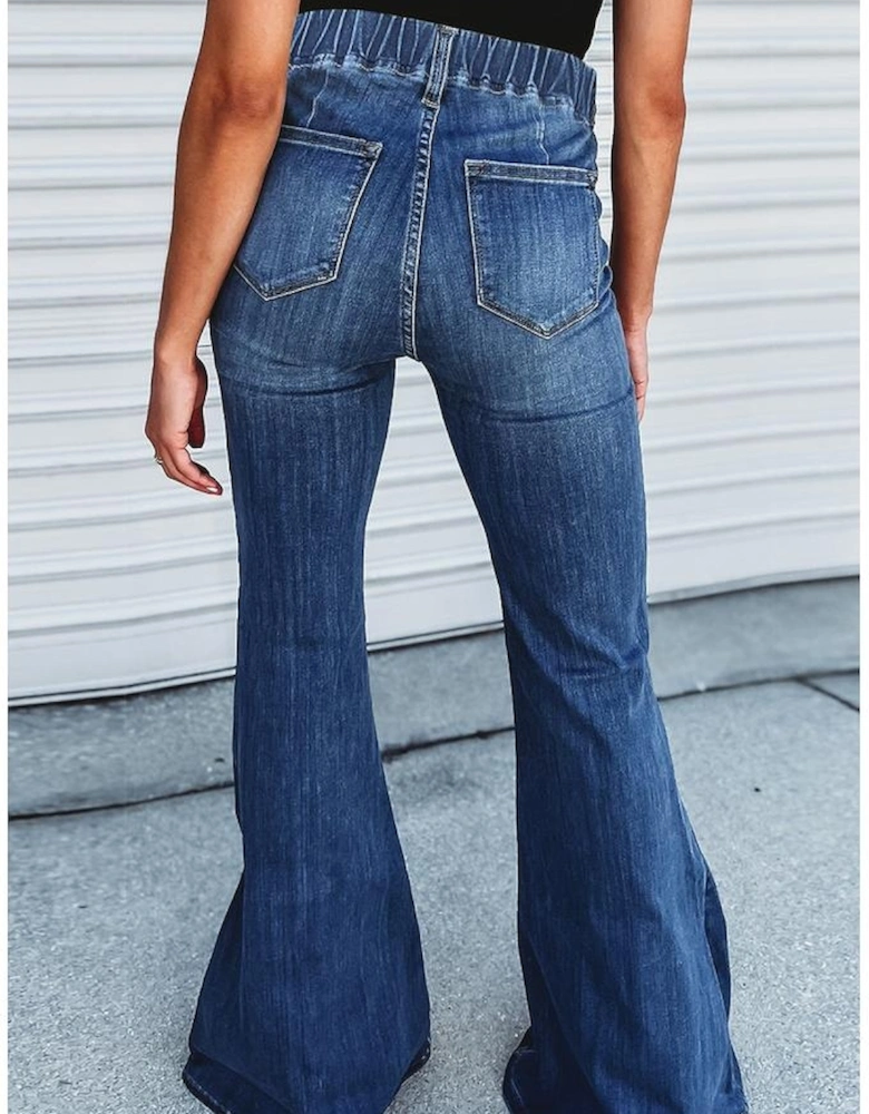Blue Elastic High Waist Flare Jeans