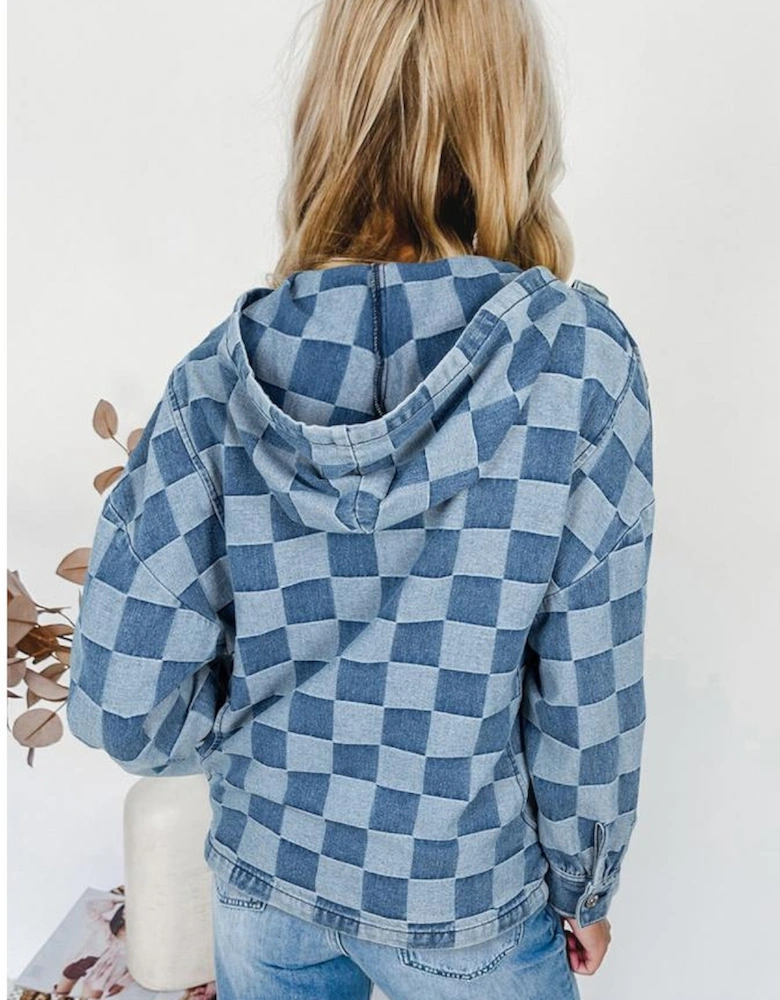 Sky Blue Checkerboard Zipped Neck Kangaroo Pocket Denim Hoodie