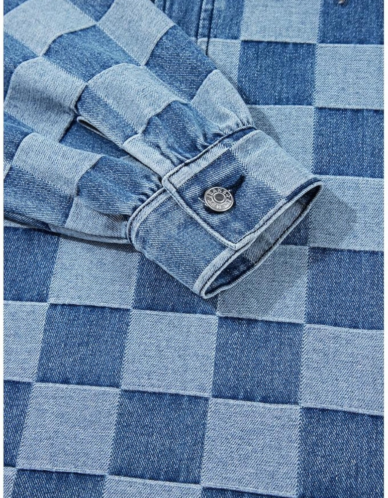 Sky Blue Checkerboard Zipped Neck Kangaroo Pocket Denim Hoodie