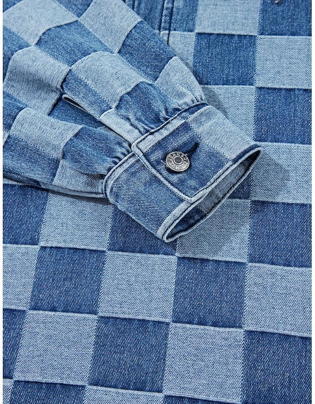 Sky Blue Checkerboard Zipped Neck Kangaroo Pocket Denim Hoodie