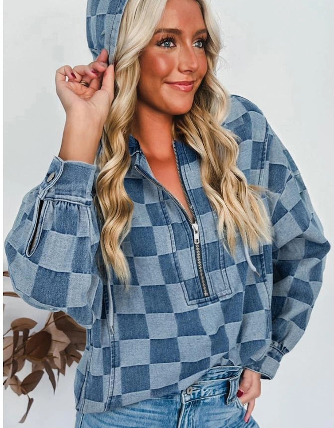 Sky Blue Checkerboard Zipped Neck Kangaroo Pocket Denim Hoodie