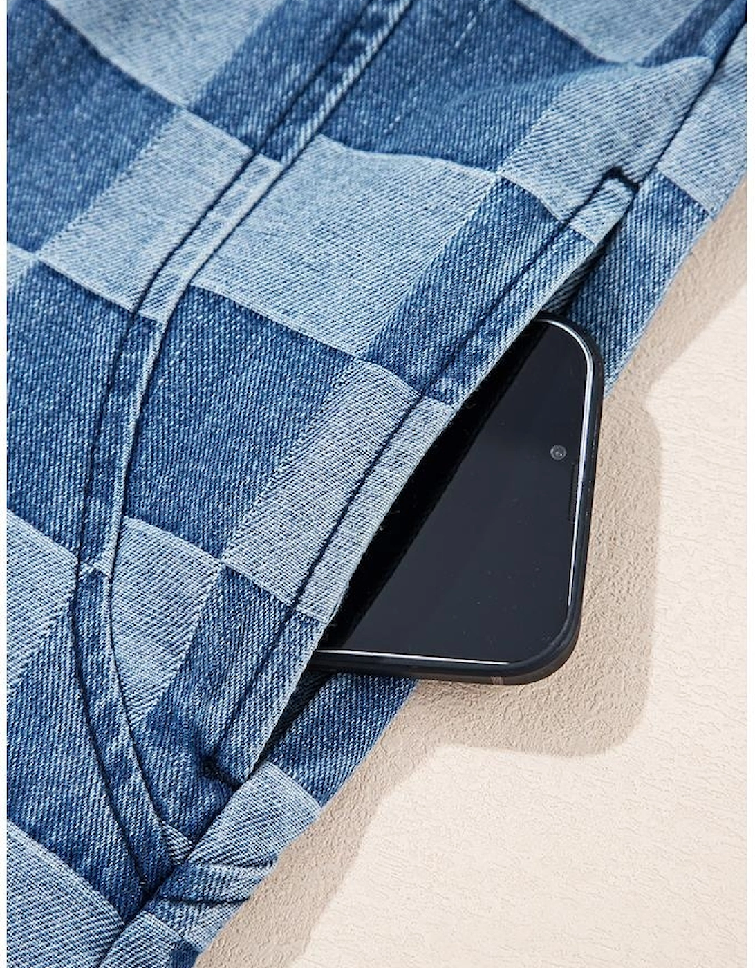 Sky Blue Checkerboard Zipped Neck Kangaroo Pocket Denim Hoodie