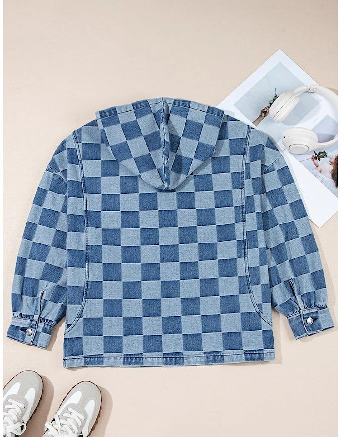 Sky Blue Checkerboard Zipped Neck Kangaroo Pocket Denim Hoodie