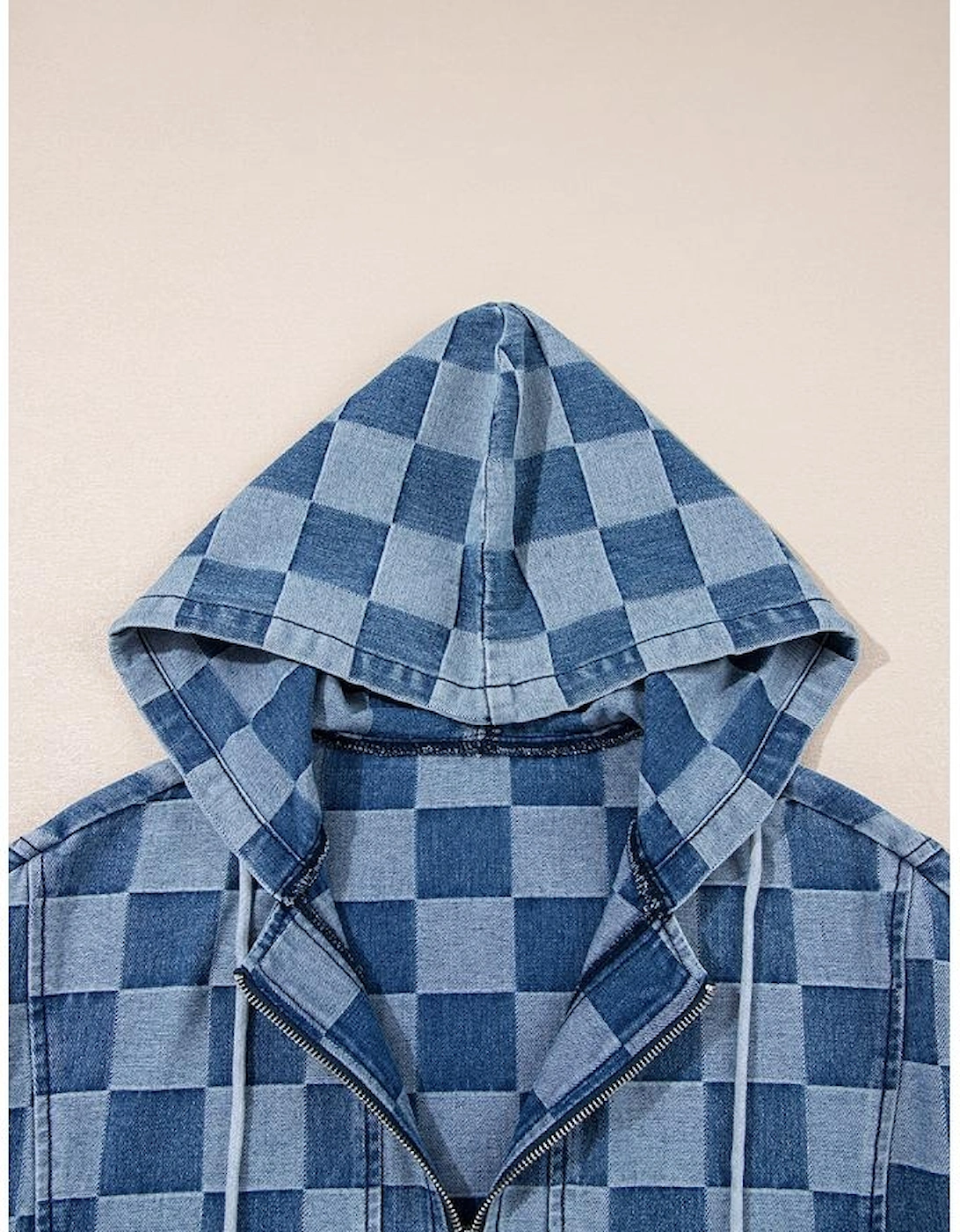 Sky Blue Checkerboard Zipped Neck Kangaroo Pocket Denim Hoodie