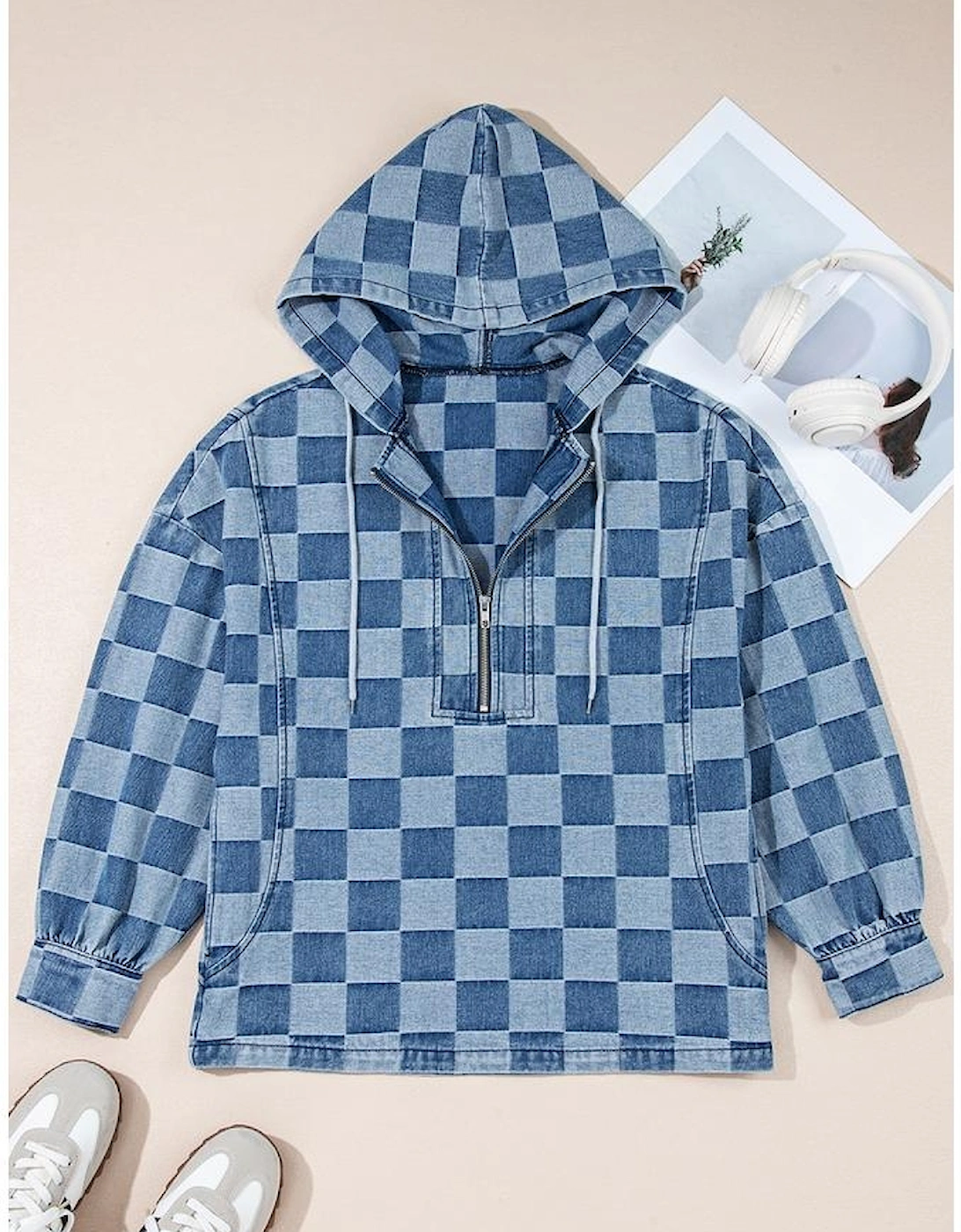 Sky Blue Checkerboard Zipped Neck Kangaroo Pocket Denim Hoodie