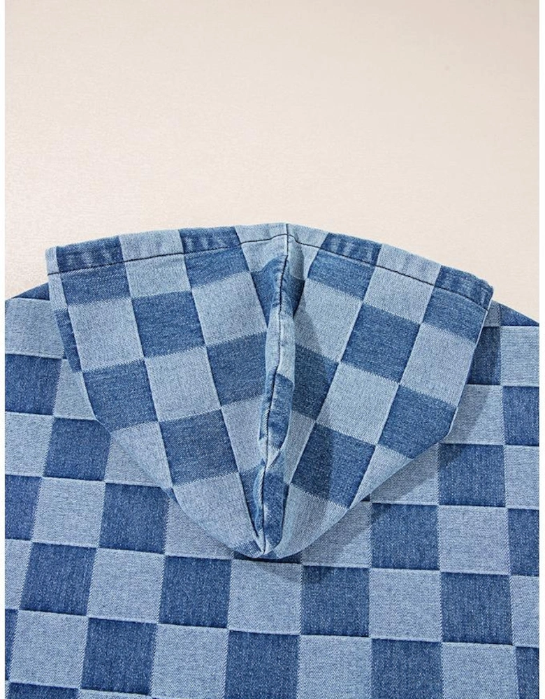 Sky Blue Checkerboard Zipped Neck Kangaroo Pocket Denim Hoodie