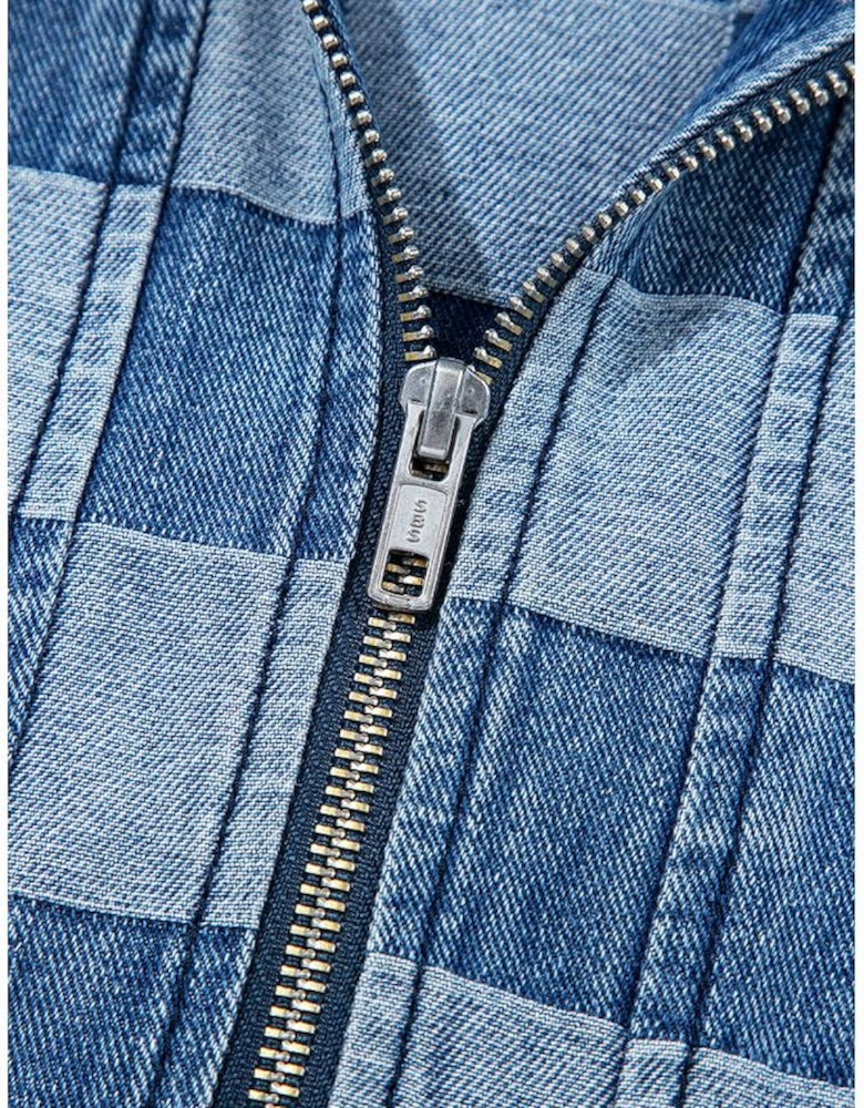 Sky Blue Checkerboard Zipped Neck Kangaroo Pocket Denim Hoodie