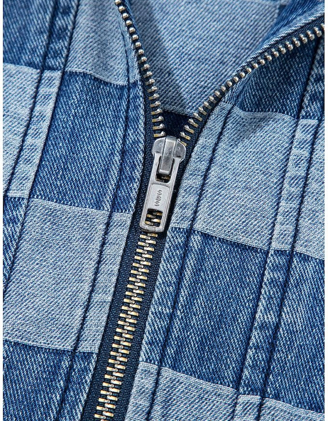 Sky Blue Checkerboard Zipped Neck Kangaroo Pocket Denim Hoodie