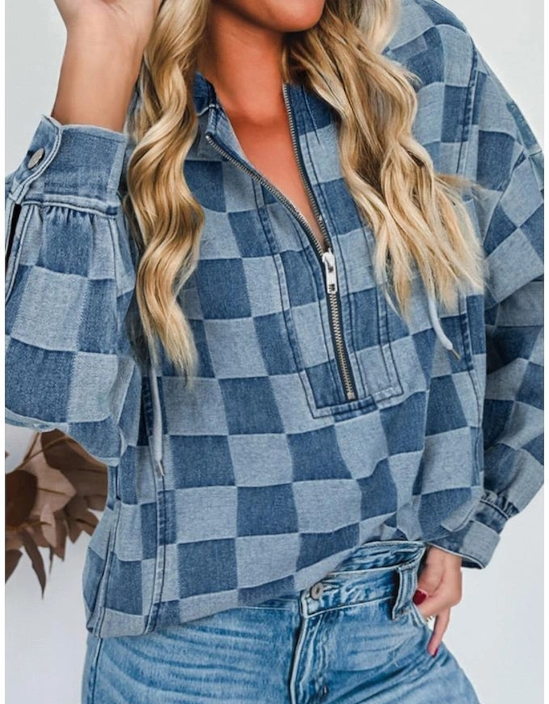 Sky Blue Checkerboard Zipped Neck Kangaroo Pocket Denim Hoodie