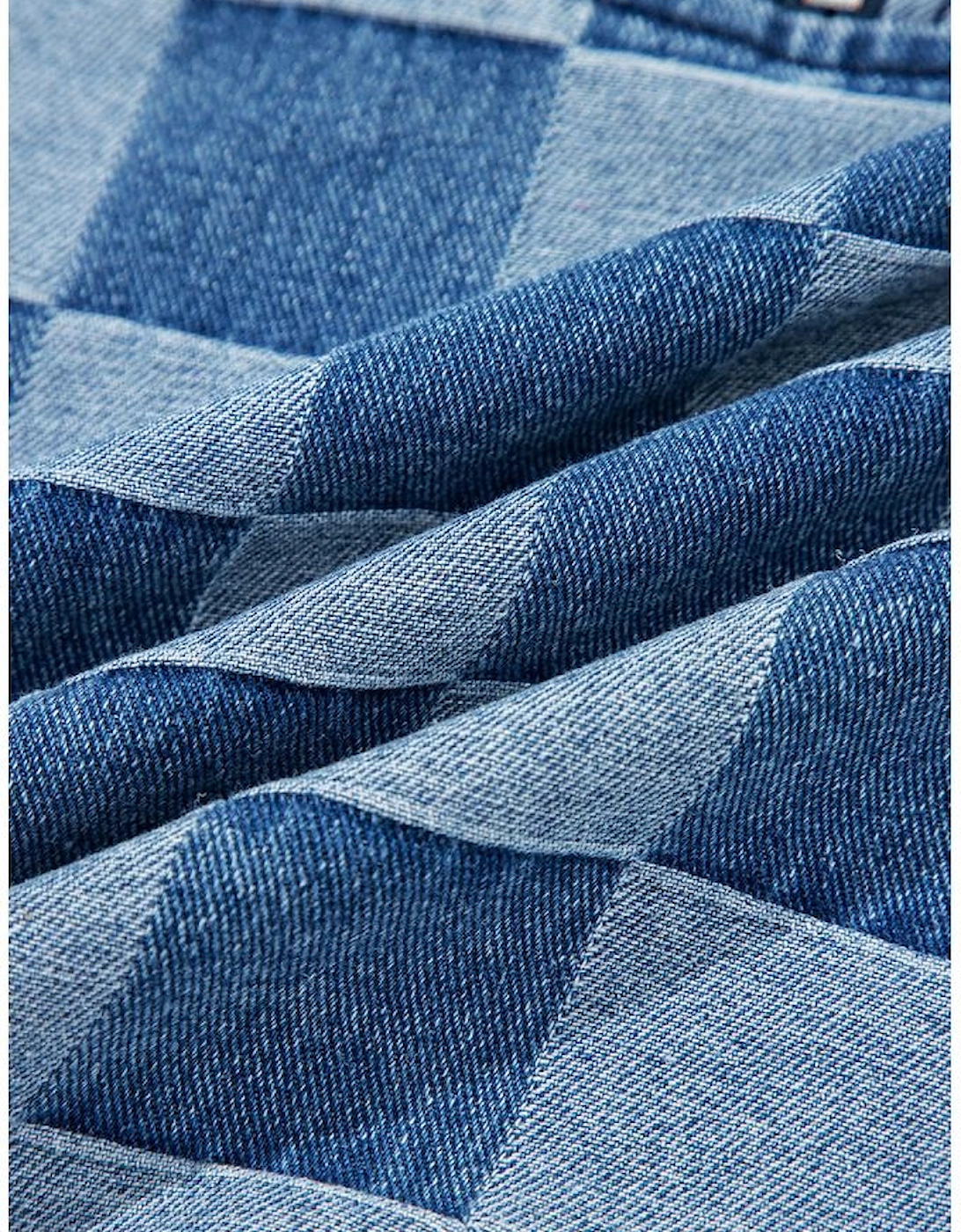 Sky Blue Checkerboard Zipped Neck Kangaroo Pocket Denim Hoodie