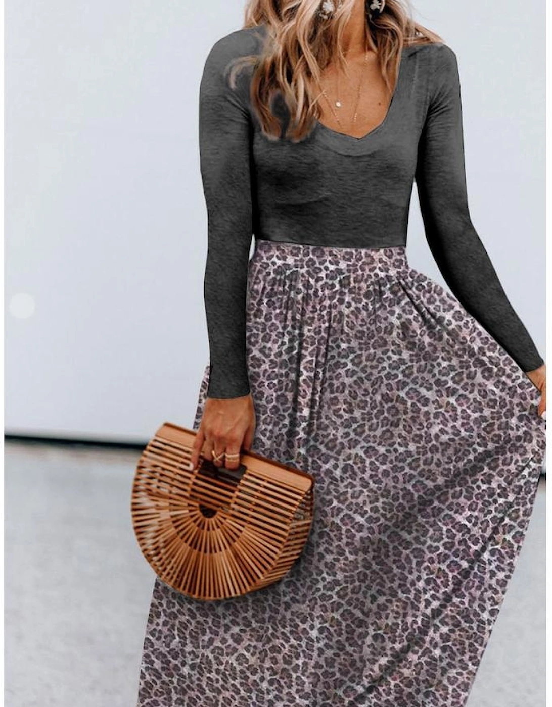 Black Long Sleeve Fitted Bodice Leopard Maxi Dress, 6 of 5