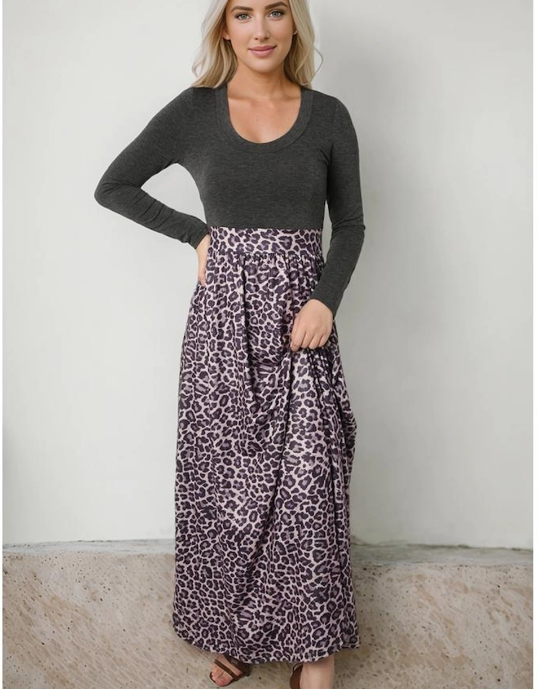 Black Long Sleeve Fitted Bodice Leopard Maxi Dress