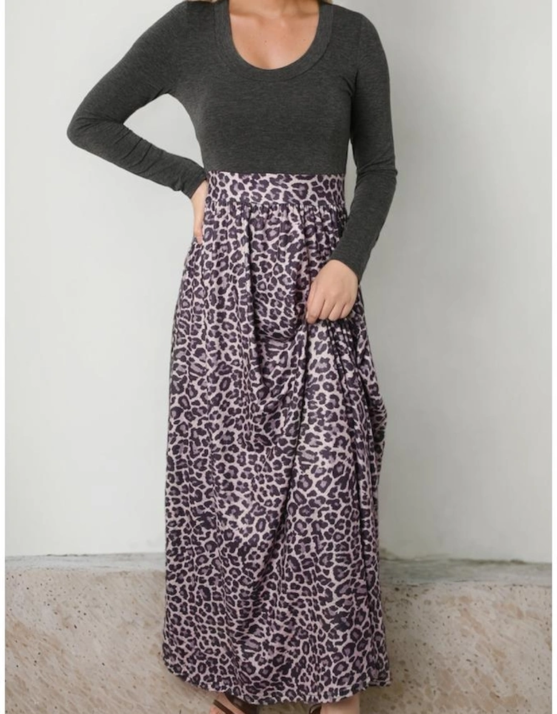 Black Long Sleeve Fitted Bodice Leopard Maxi Dress