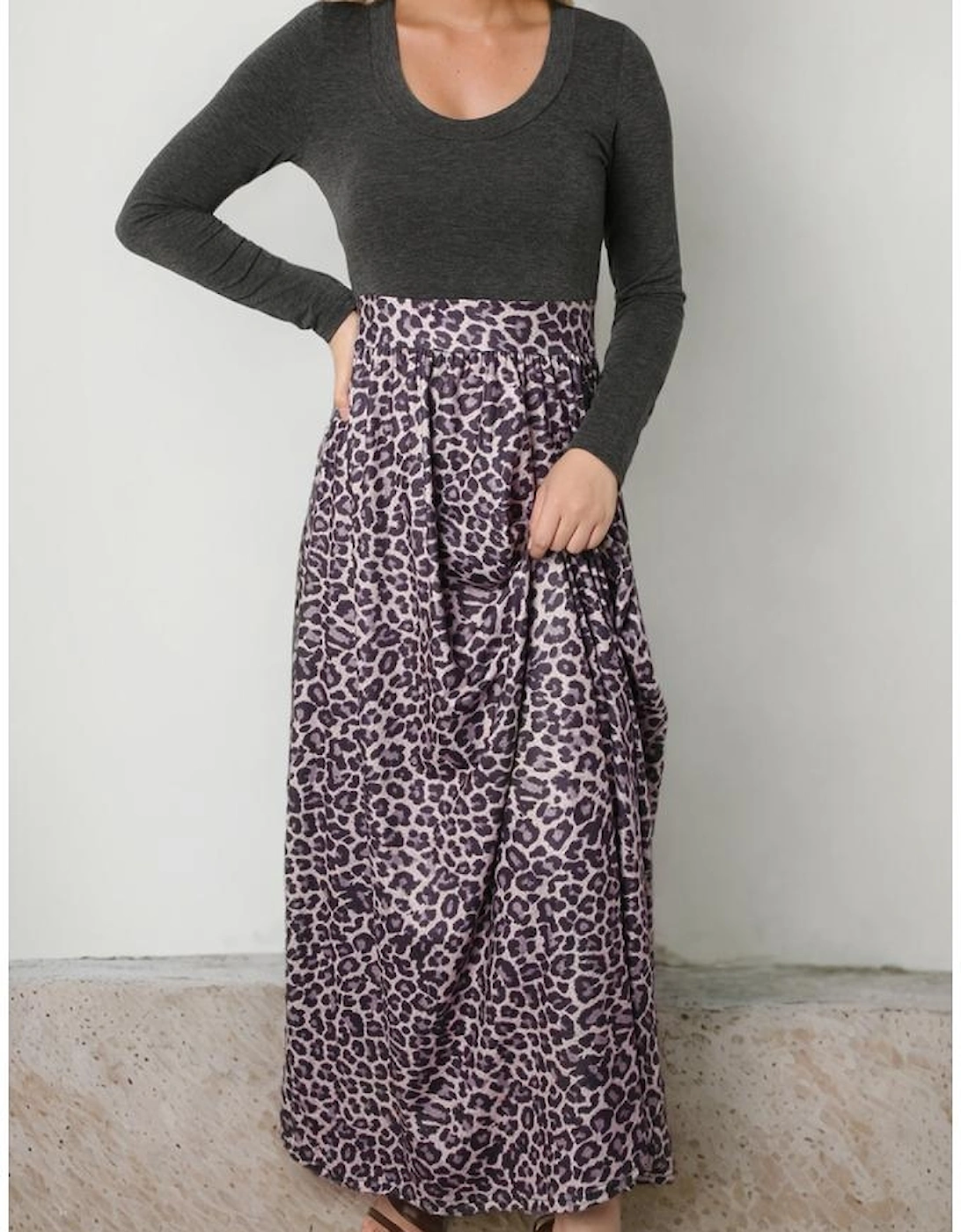 Black Long Sleeve Fitted Bodice Leopard Maxi Dress