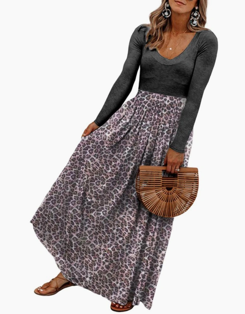 Black Long Sleeve Fitted Bodice Leopard Maxi Dress