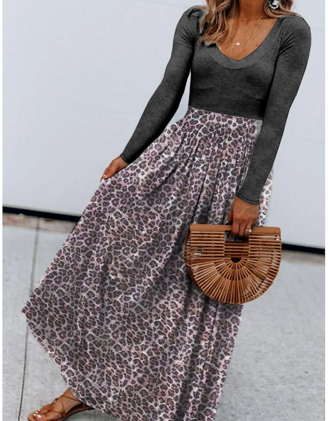 Black Long Sleeve Fitted Bodice Leopard Maxi Dress