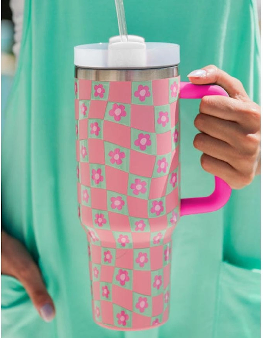Bright Pink Flower Checkered Pattern Cup with Straw 40oz