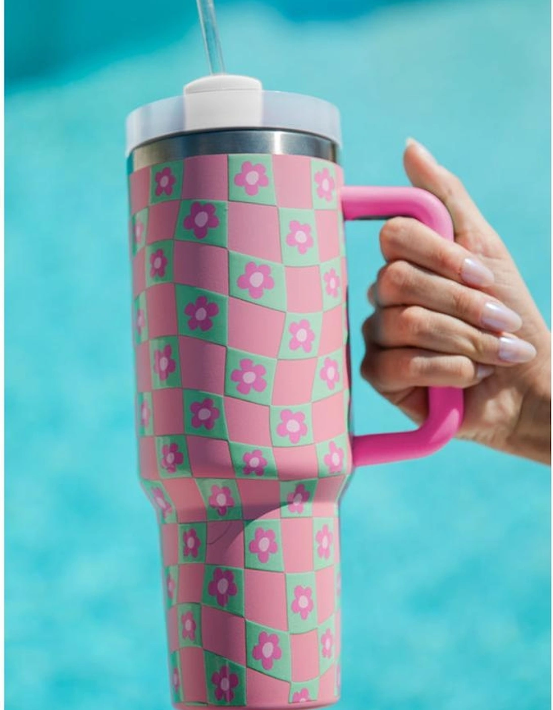 Bright Pink Flower Checkered Pattern Cup with Straw 40oz