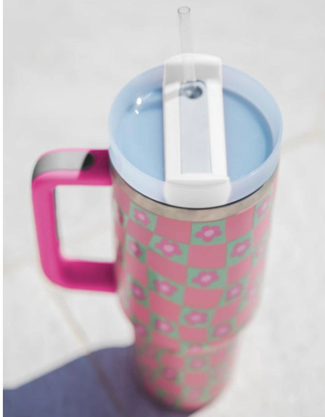 Bright Pink Flower Checkered Pattern Cup with Straw 40oz