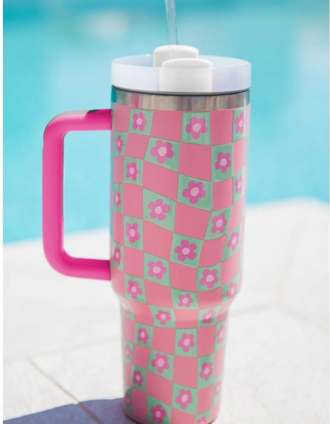 Bright Pink Flower Checkered Pattern Cup with Straw 40oz, 6 of 5