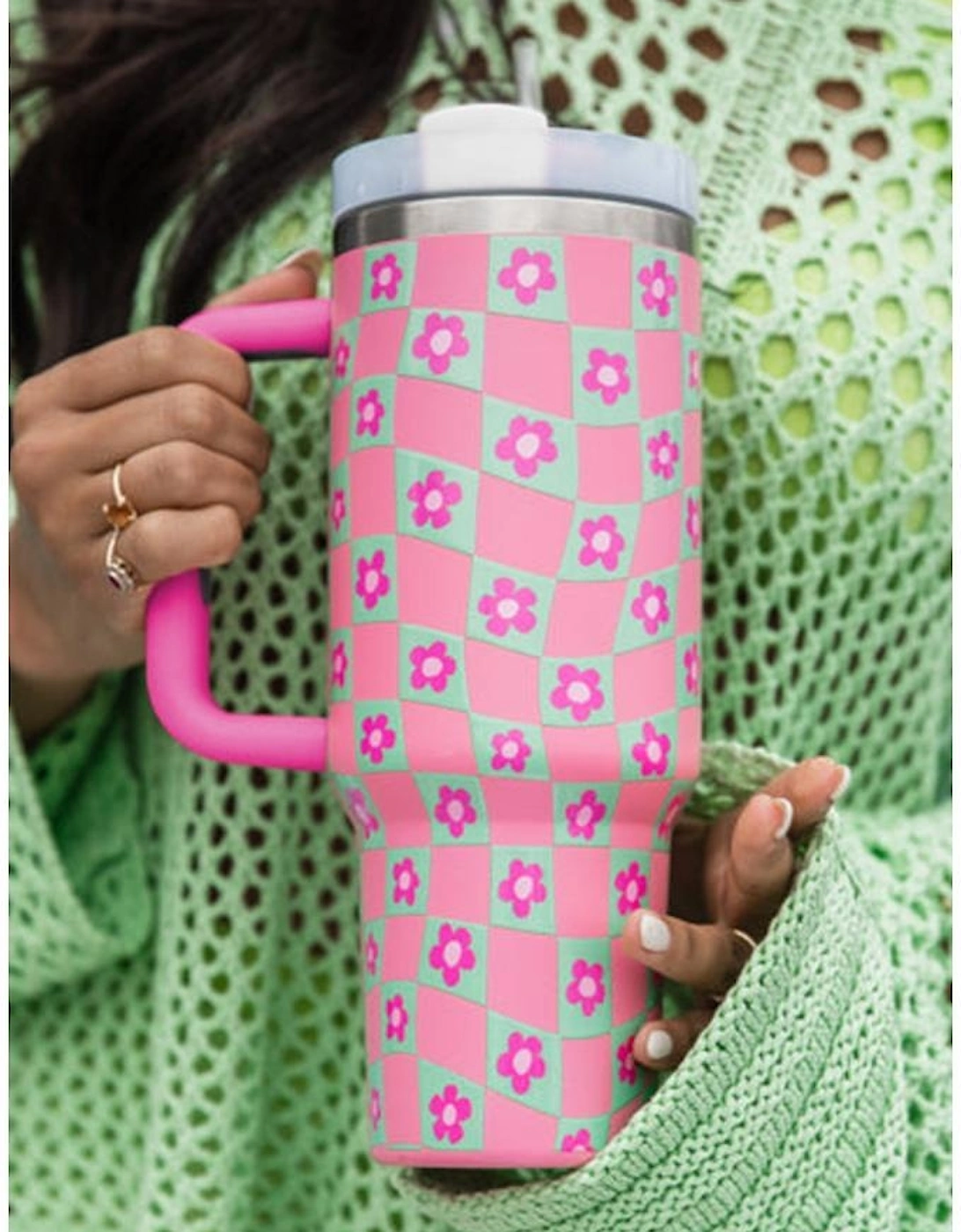 Bright Pink Flower Checkered Pattern Cup with Straw 40oz