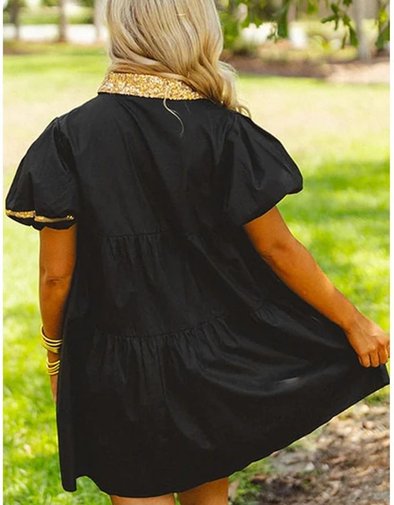 Black Glistening Easter Egg Sequin Trim Half Button Puff Sleeve Dress