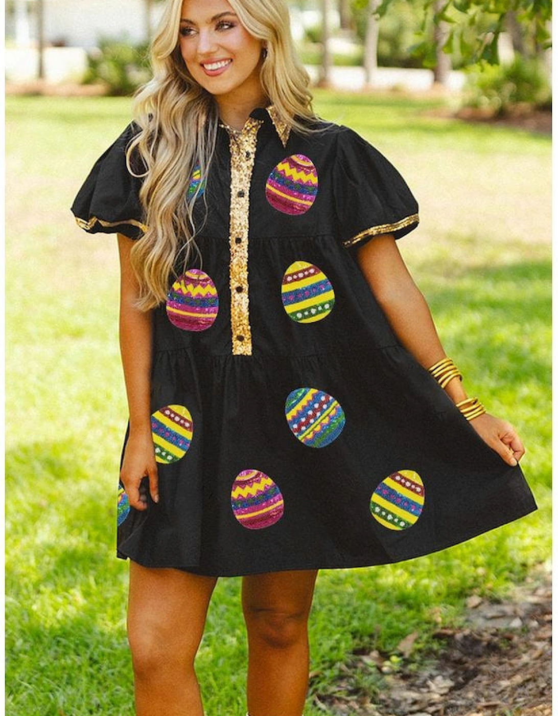 Black Glistening Easter Egg Sequin Trim Half Button Puff Sleeve Dress