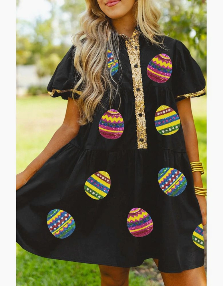 Black Glistening Easter Egg Sequin Trim Half Button Puff Sleeve Dress
