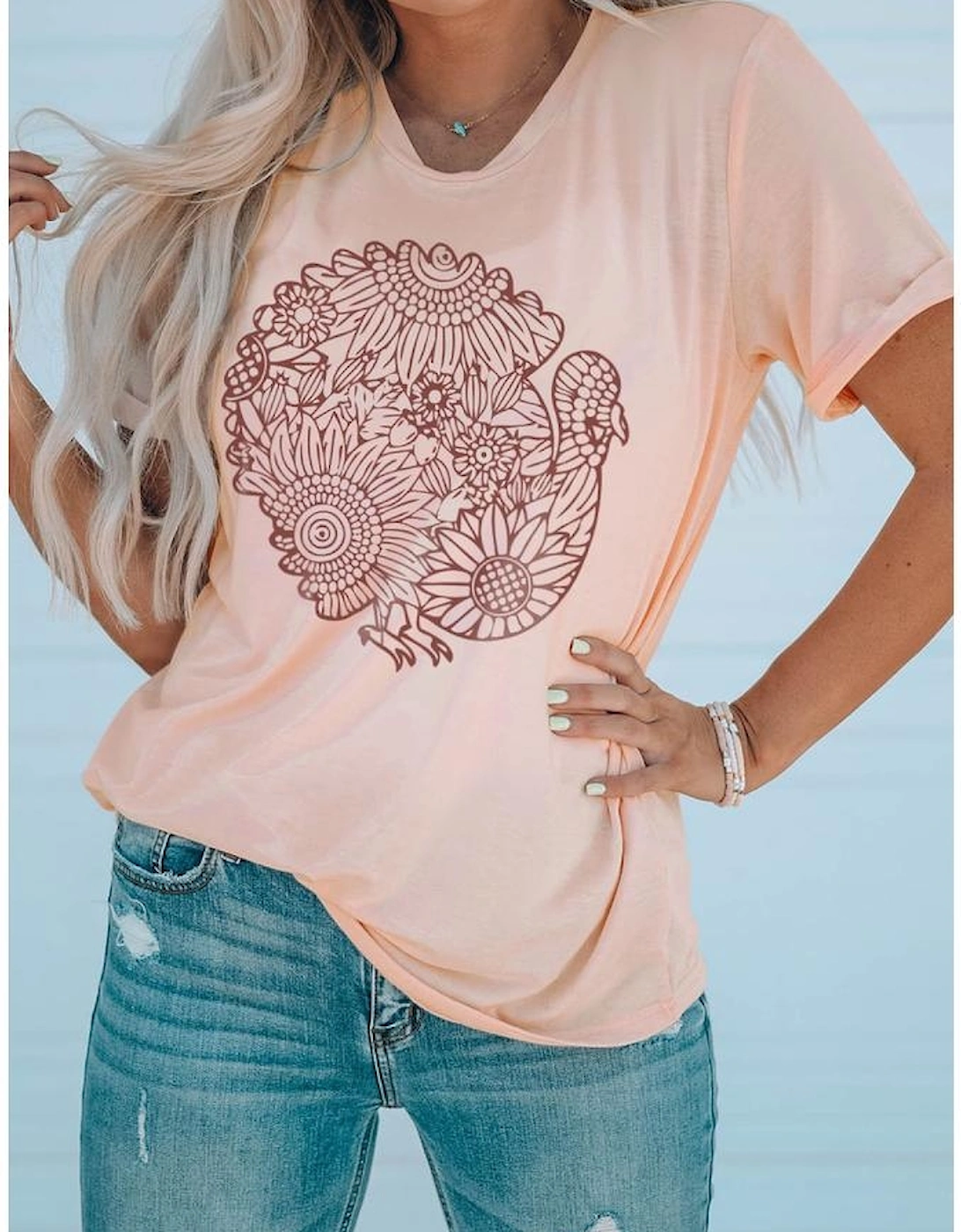 Azura Exchange Short Sleeve T Shirt with Floral Turkey Shape Print