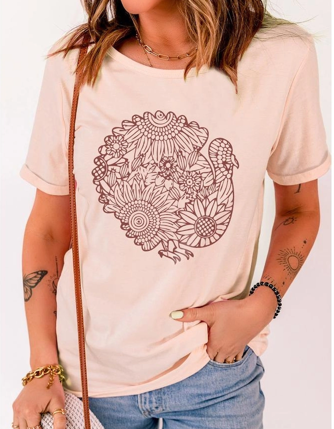 Azura Exchange Short Sleeve T Shirt with Floral Turkey Shape Print