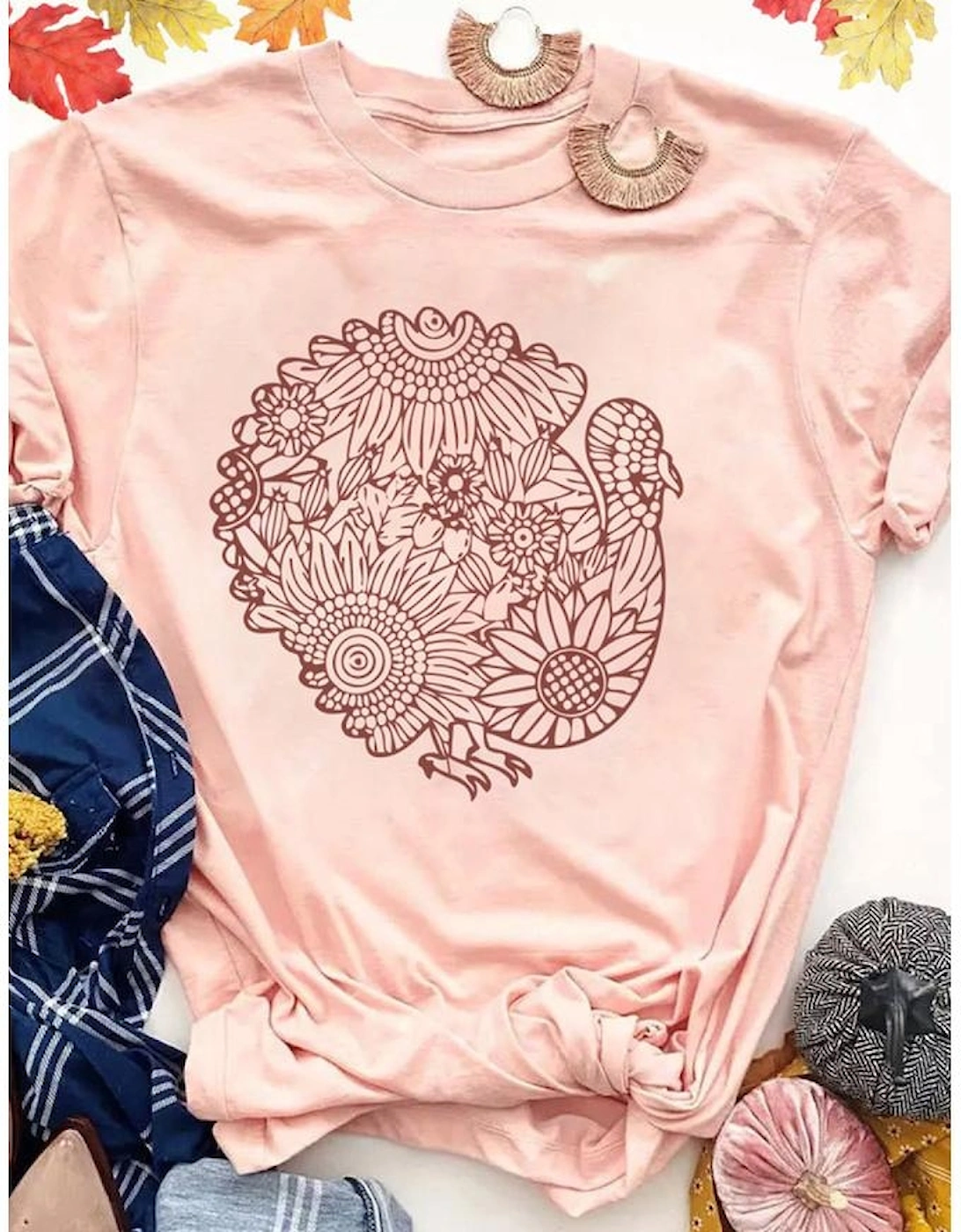 Azura Exchange Short Sleeve T Shirt with Floral Turkey Shape Print
