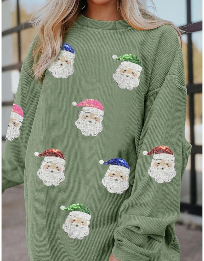 Grass Green Corded Ribbed Sequin Patched Santa Claus Graphic Sweatshirt