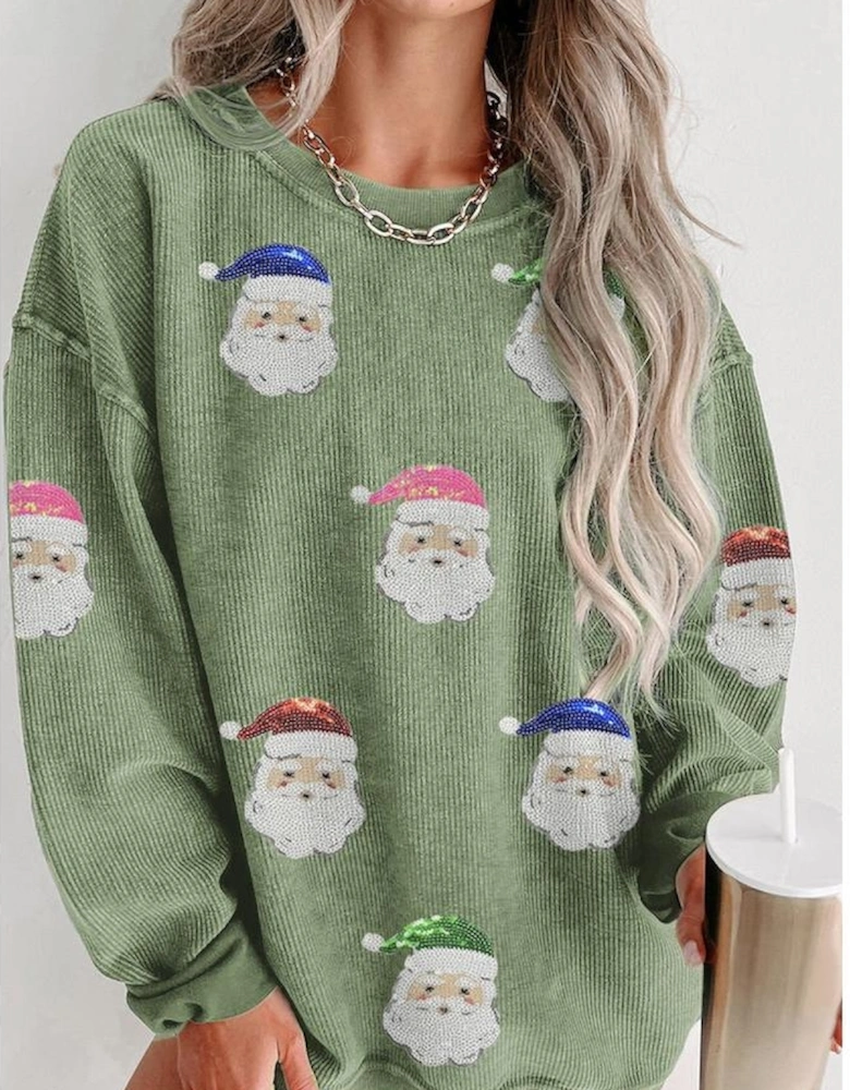 Grass Green Corded Ribbed Sequin Patched Santa Claus Graphic Sweatshirt
