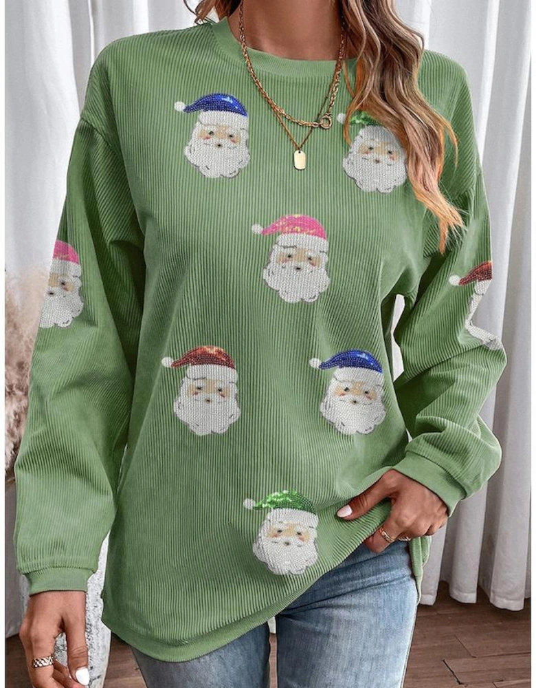 Grass Green Corded Ribbed Sequin Patched Santa Claus Graphic Sweatshirt