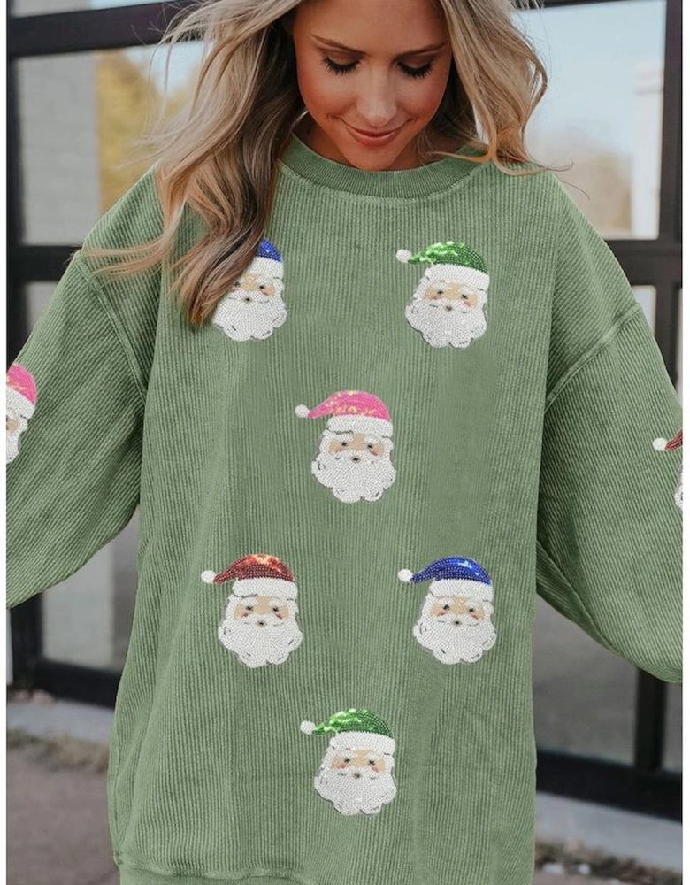 Grass Green Corded Ribbed Sequin Patched Santa Claus Graphic Sweatshirt