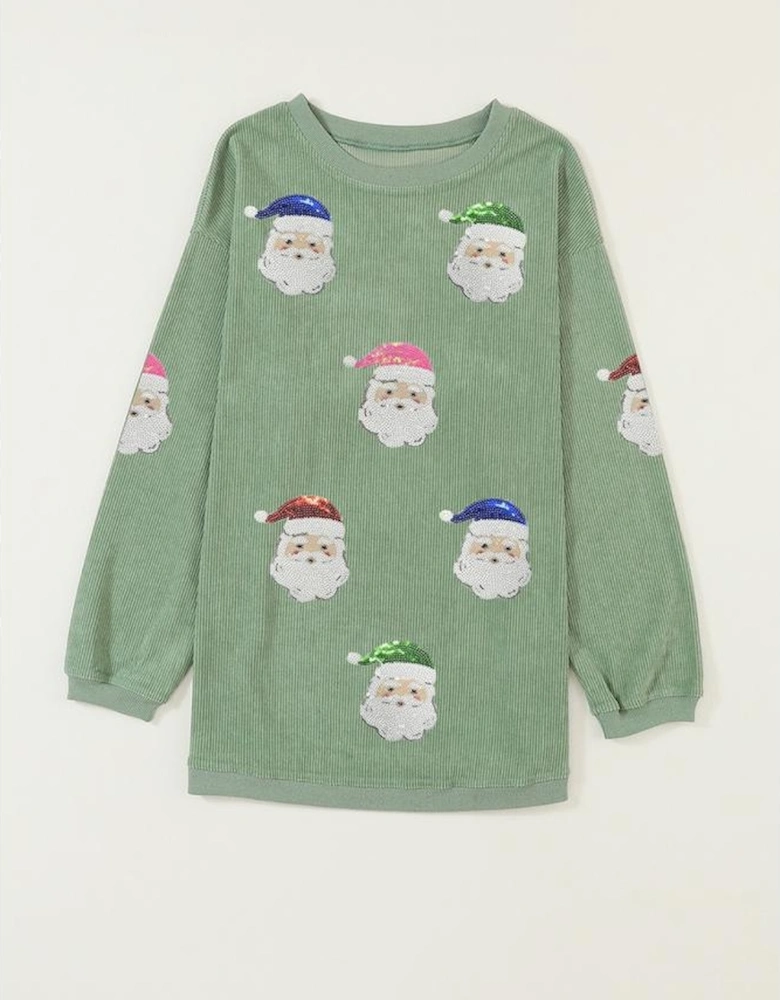 Grass Green Corded Ribbed Sequin Patched Santa Claus Graphic Sweatshirt