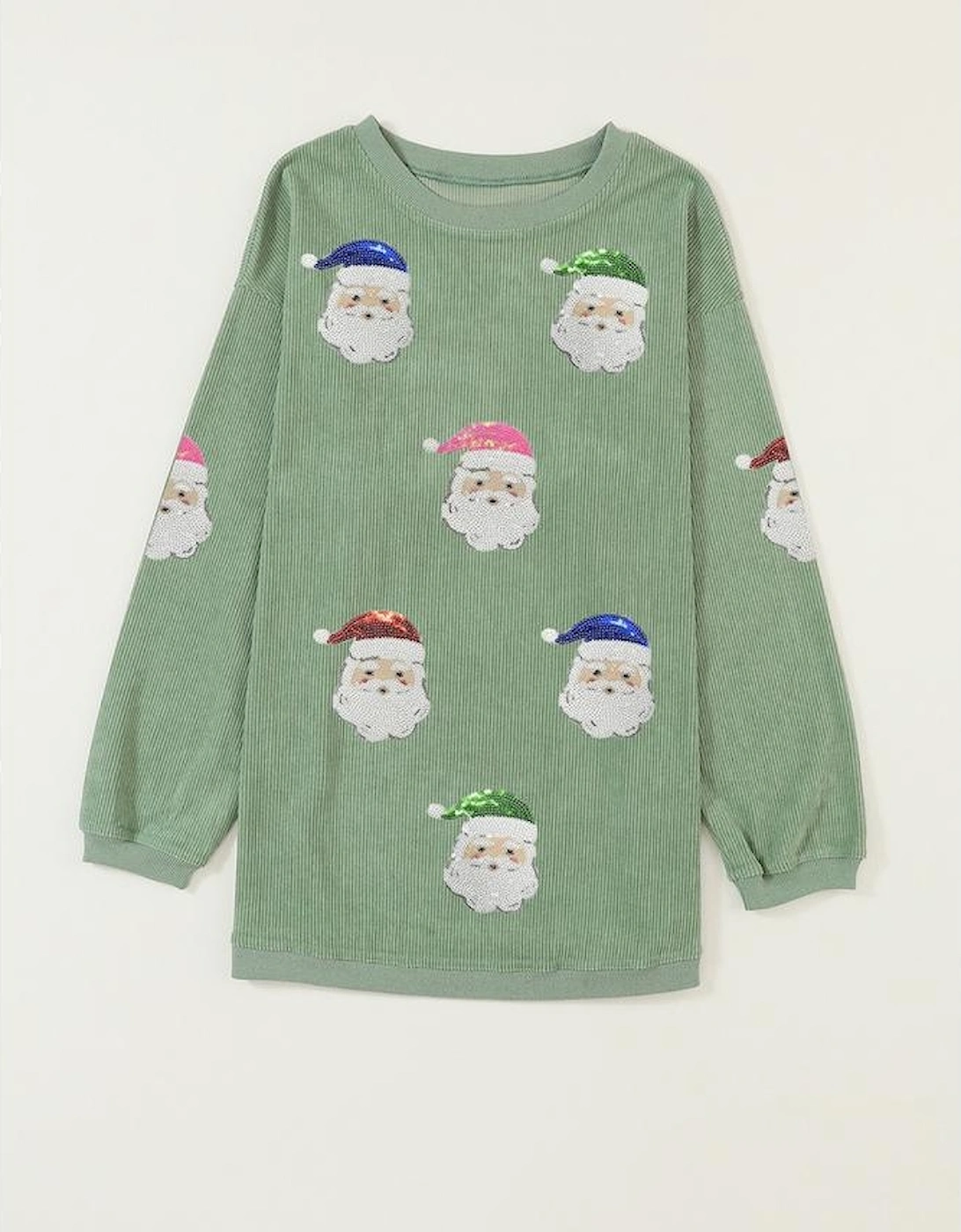 Grass Green Corded Ribbed Sequin Patched Santa Claus Graphic Sweatshirt