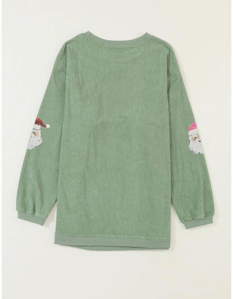 Grass Green Corded Ribbed Sequin Patched Santa Claus Graphic Sweatshirt