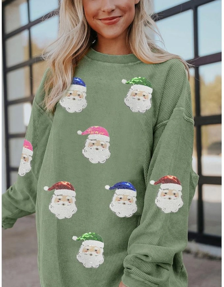 Grass Green Corded Ribbed Sequin Patched Santa Claus Graphic Sweatshirt
