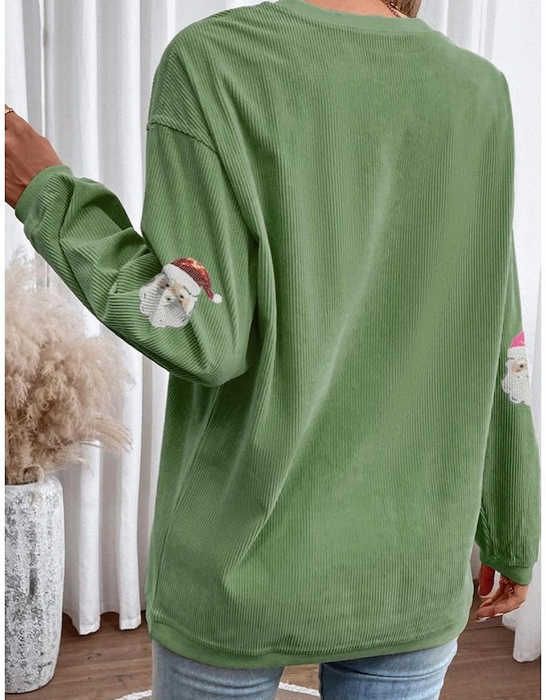 Grass Green Corded Ribbed Sequin Patched Santa Claus Graphic Sweatshirt
