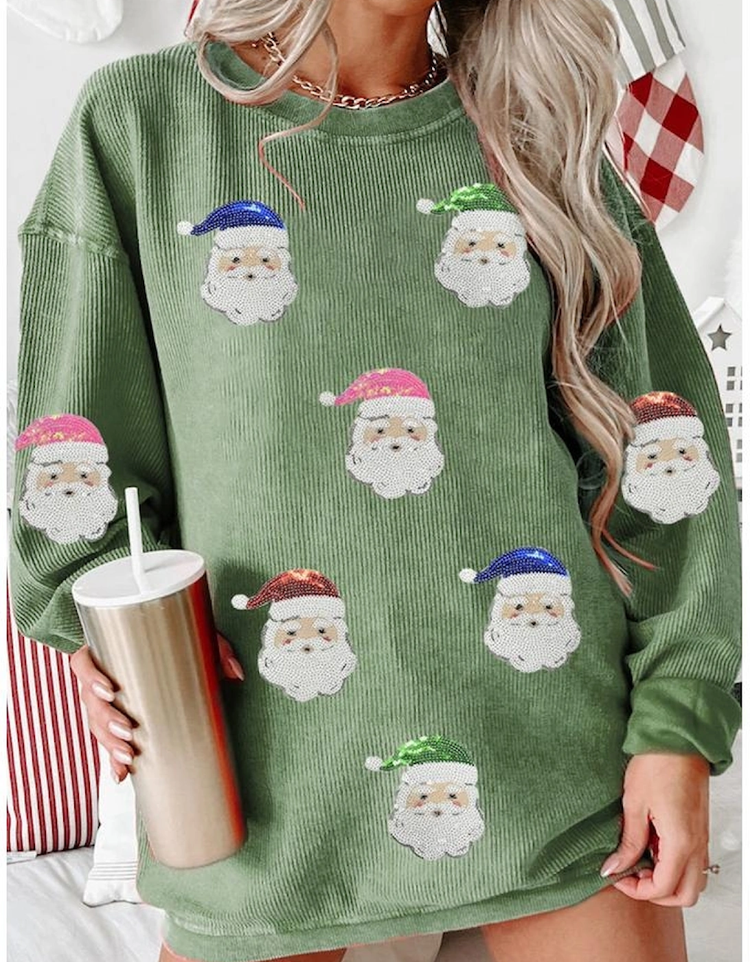 Grass Green Corded Ribbed Sequin Patched Santa Claus Graphic Sweatshirt