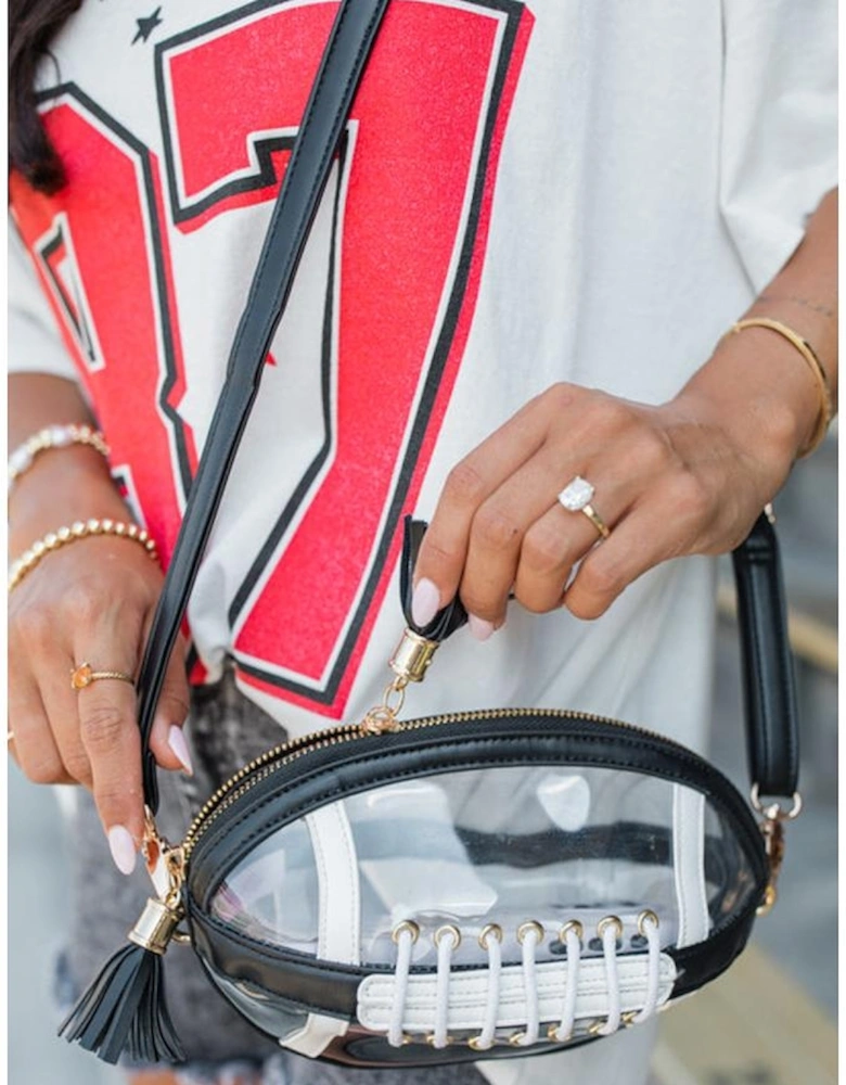 Black Rugby Football Contrast Trim Fringe PVC Clear Shoulder Bag
