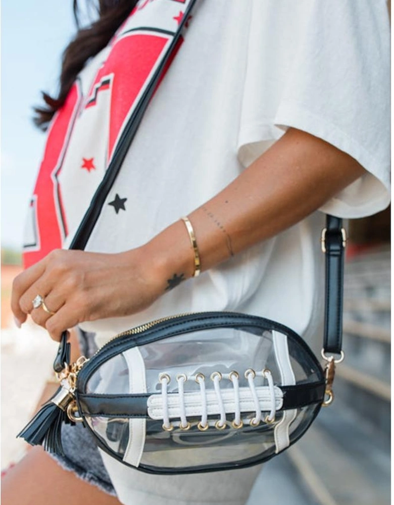 Black Rugby Football Contrast Trim Fringe PVC Clear Shoulder Bag