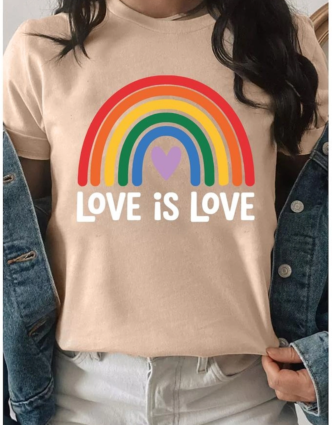 Khaki Love is Love Rainbow Heart Printed Cotton Blend T Shirt